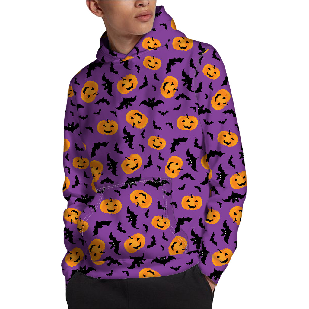 Halloween Bat And Pumpkin Pattern Print Pullover Hoodie