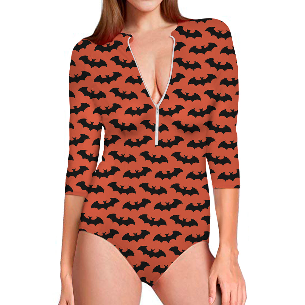 Halloween Bat Pattern Print Long Sleeve One Piece Swimsuit