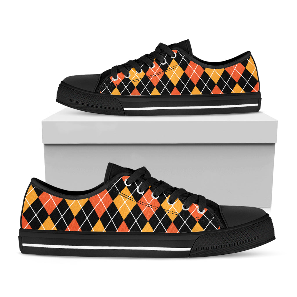 Halloween Black And Orange Argyle Print Black Low Top Shoes