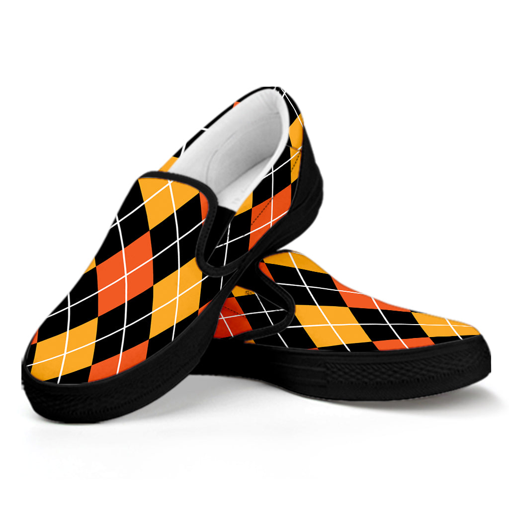 Halloween Black And Orange Argyle Print Black Slip On Shoes