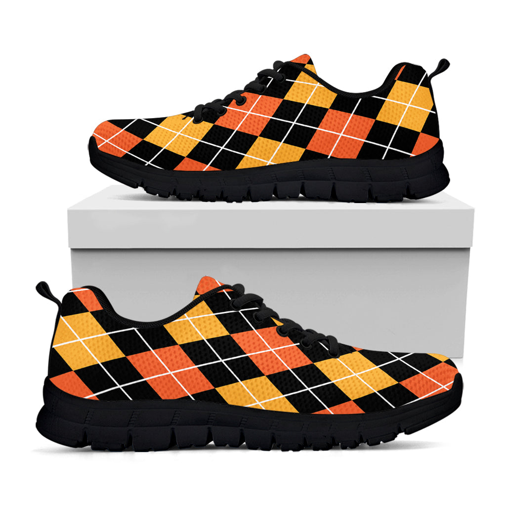 Halloween Black And Orange Argyle Print Black Sneakers