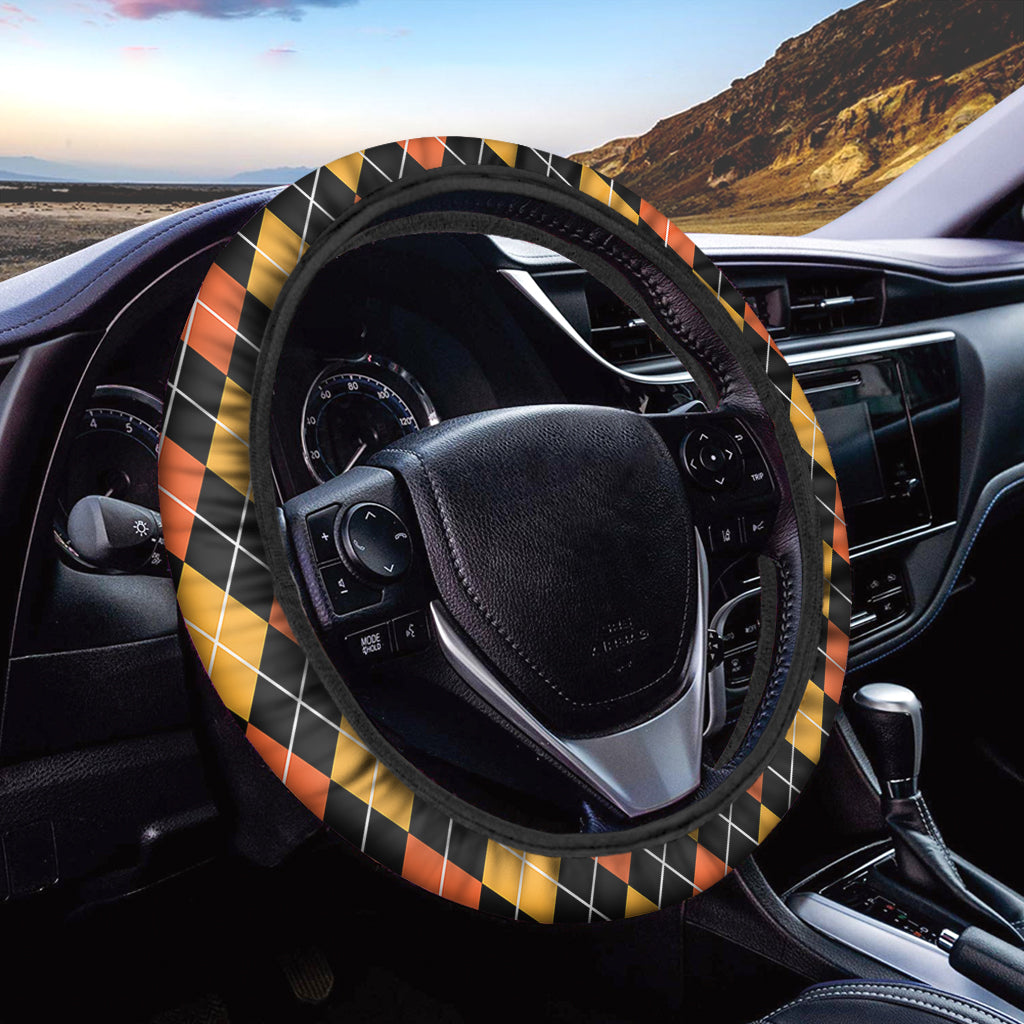 Halloween Black And Orange Argyle Print Car Steering Wheel Cover