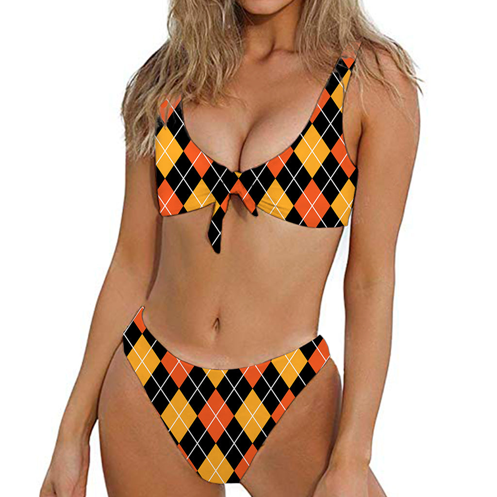 Halloween Black And Orange Argyle Print Front Bow Tie Bikini