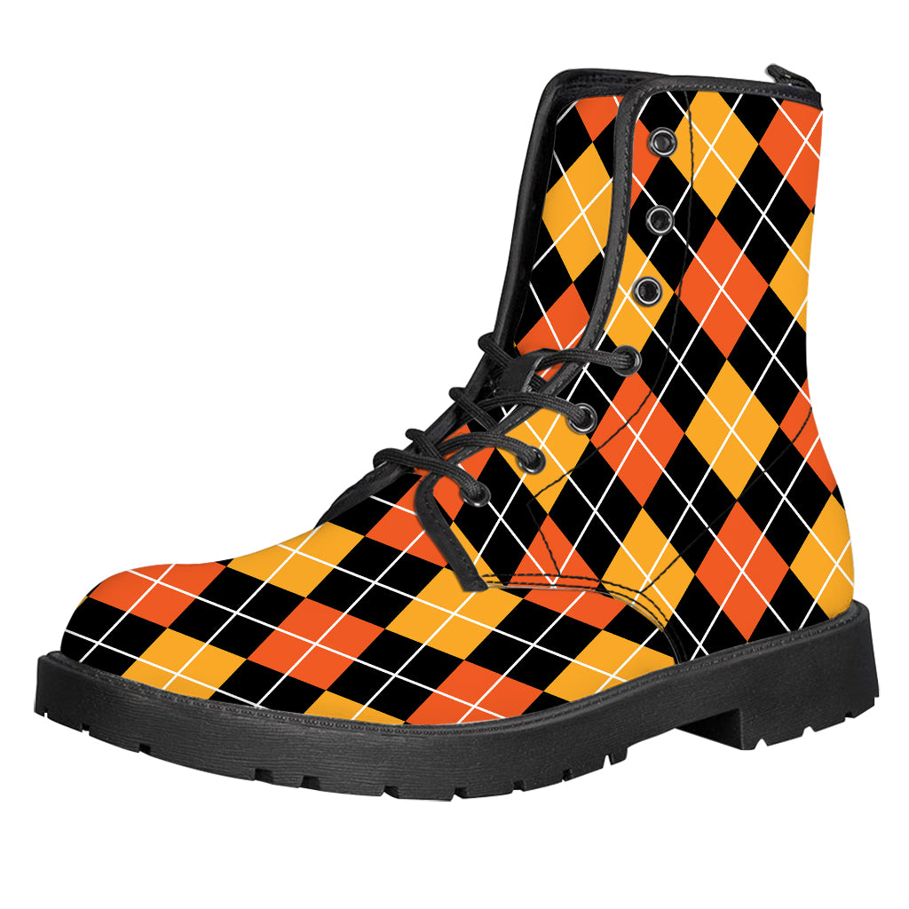 Halloween Black And Orange Argyle Print Leather Boots