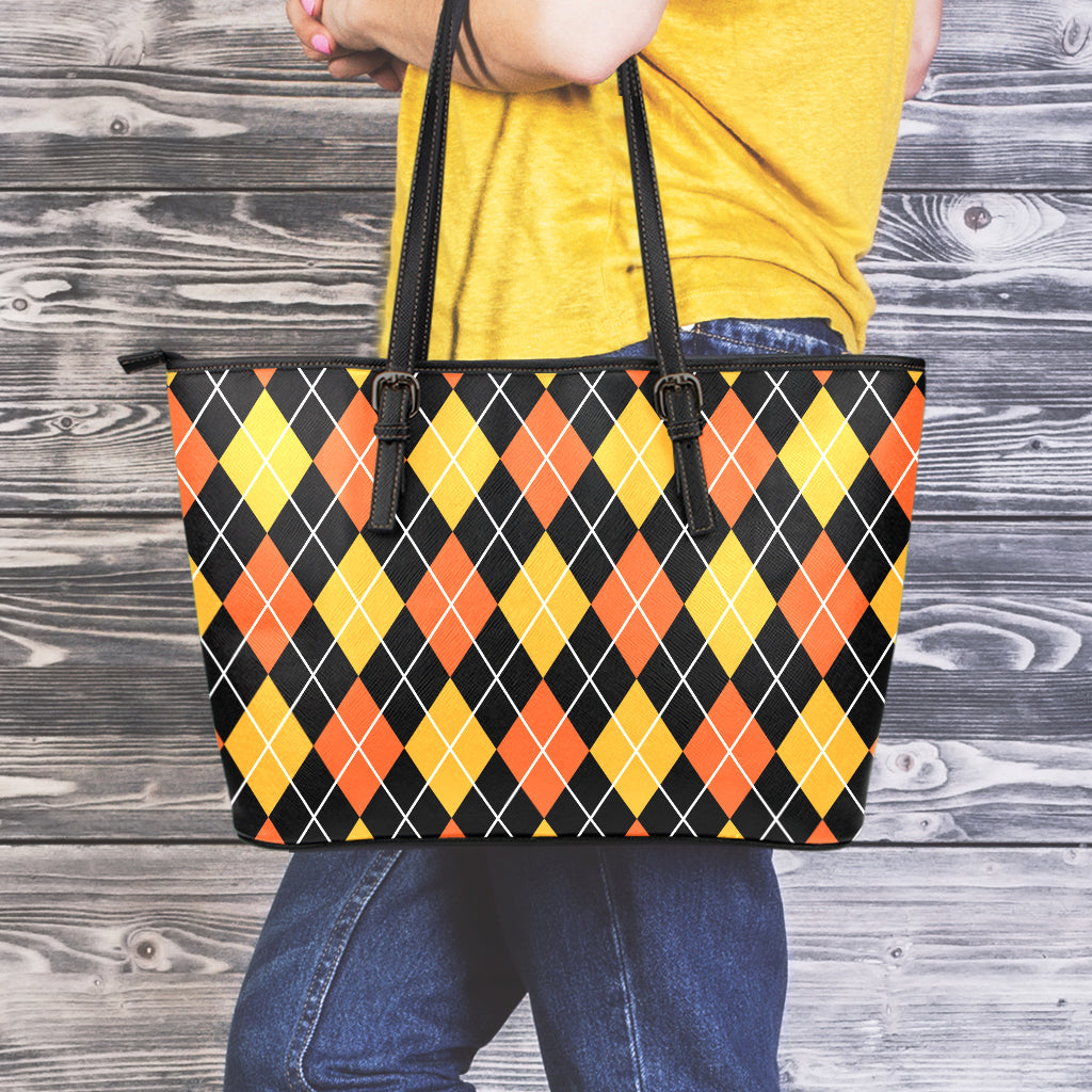 Halloween Black And Orange Argyle Print Leather Tote Bag