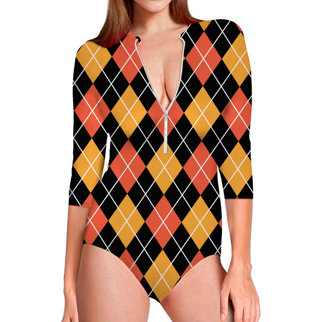 Halloween Black And Orange Argyle Print Long Sleeve One Piece Swimsuit