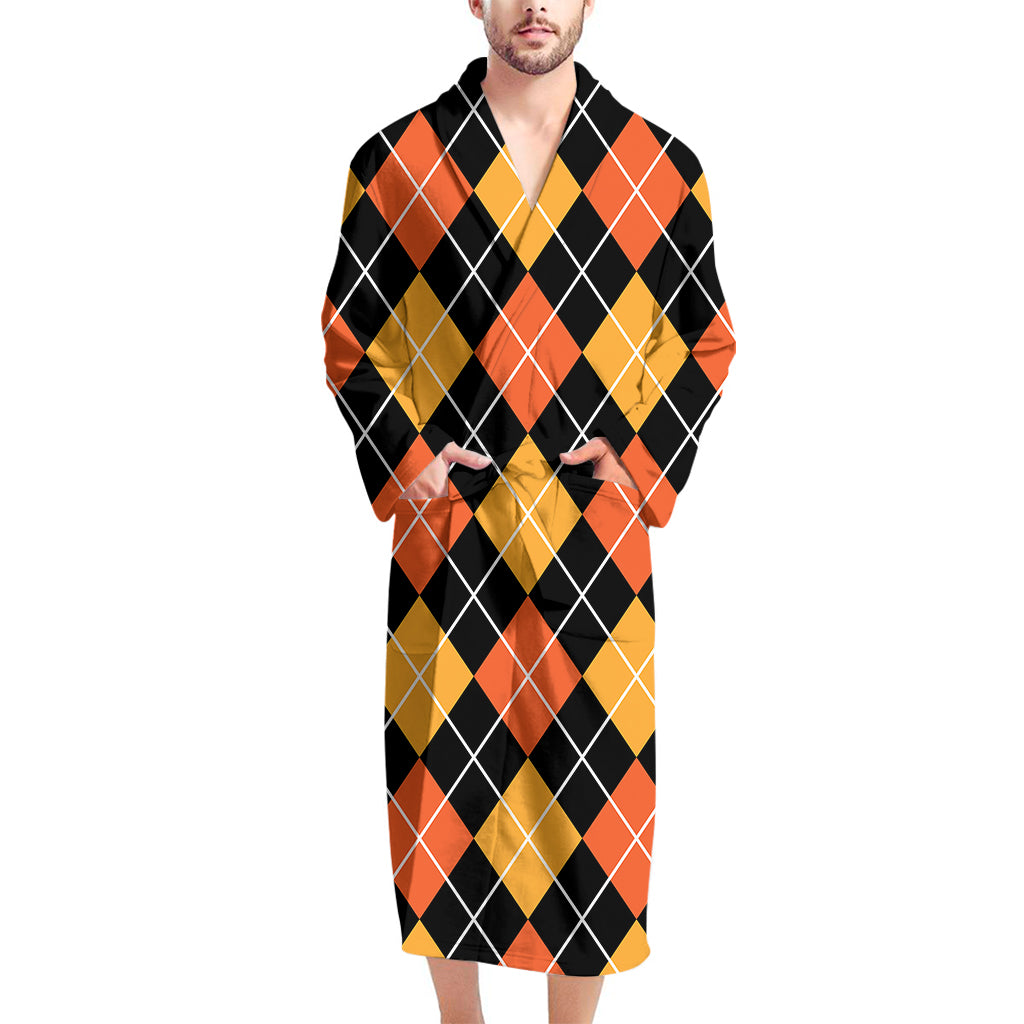 Halloween Black And Orange Argyle Print Men's Bathrobe