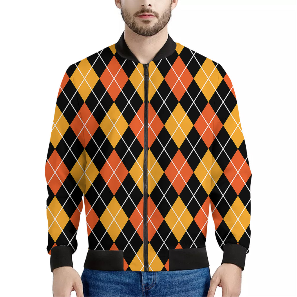 Halloween Black And Orange Argyle Print Men's Bomber Jacket