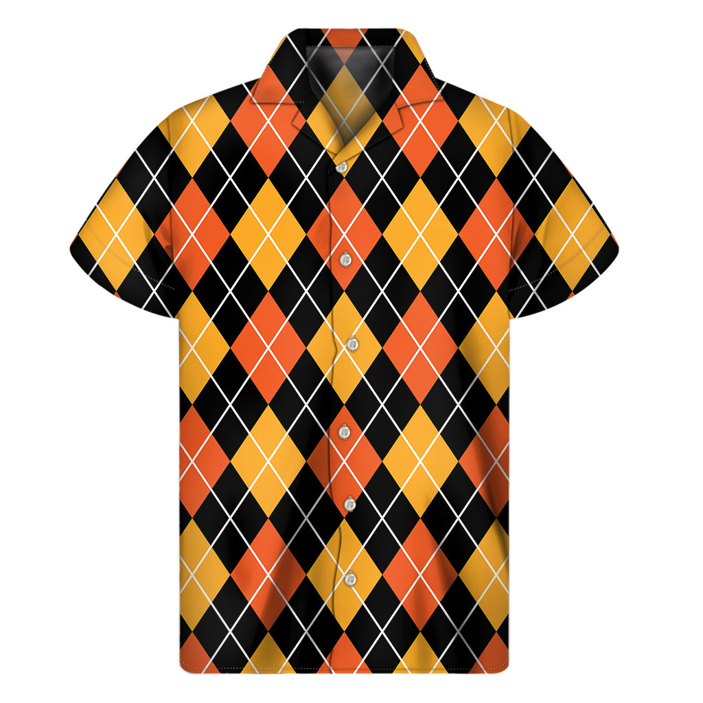 Halloween Black And Orange Argyle Print Men's Short Sleeve Shirt