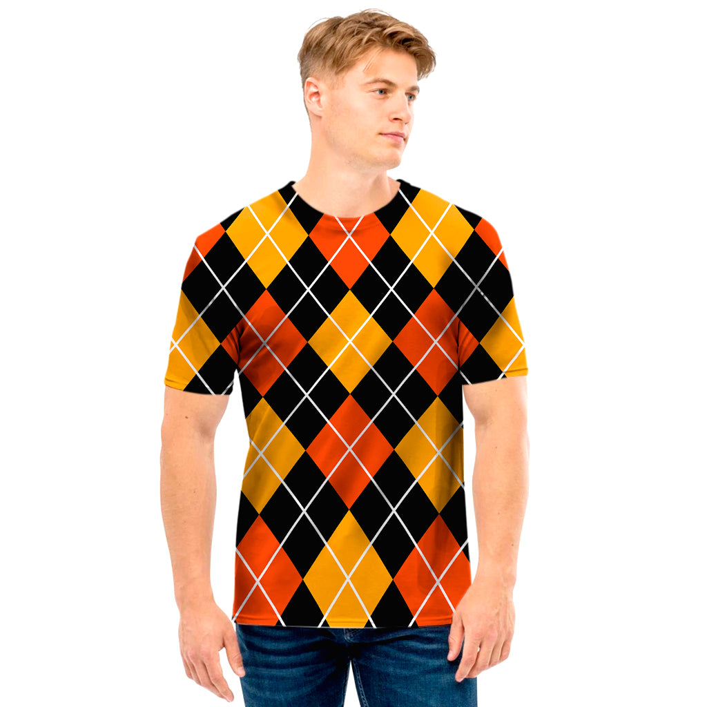 Halloween Black And Orange Argyle Print Men's T-Shirt