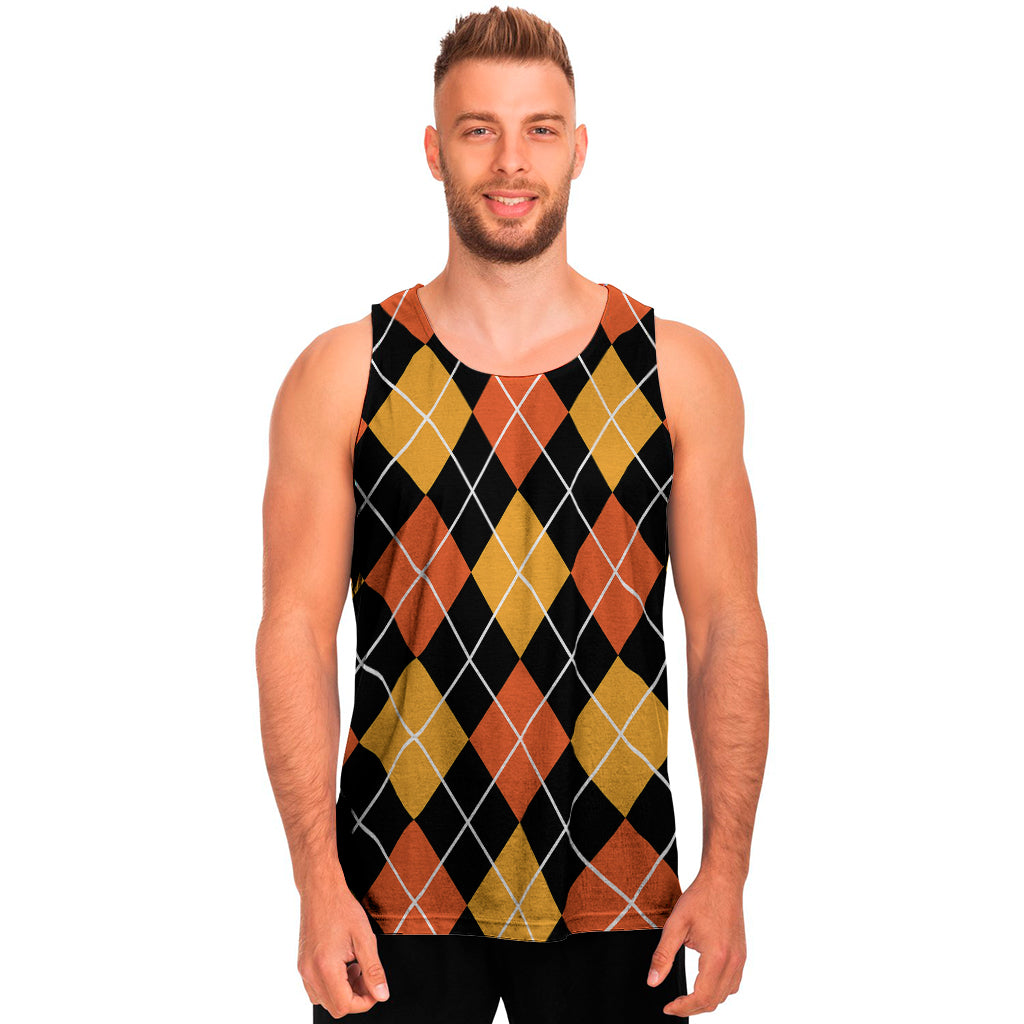 Halloween Black And Orange Argyle Print Men's Tank Top