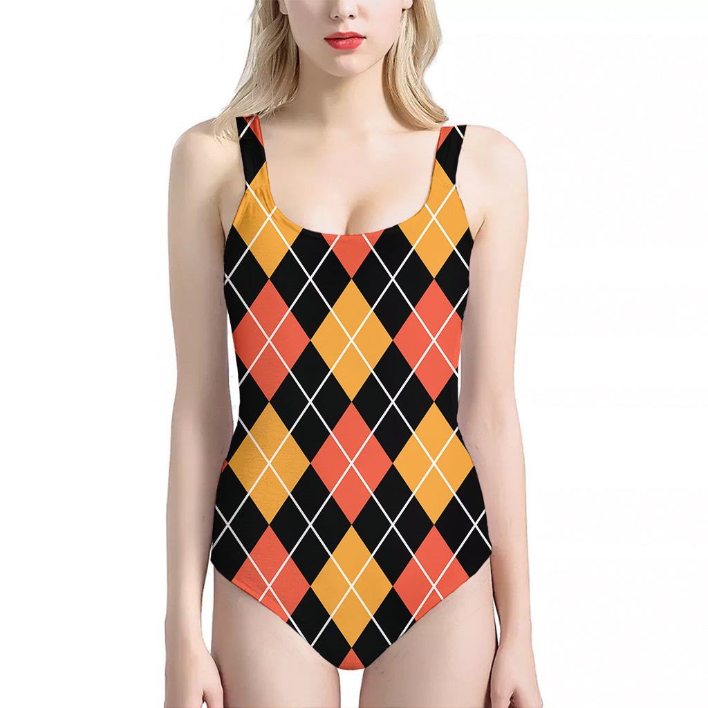 Halloween Black And Orange Argyle Print One Piece Halter Neck Swimsuit