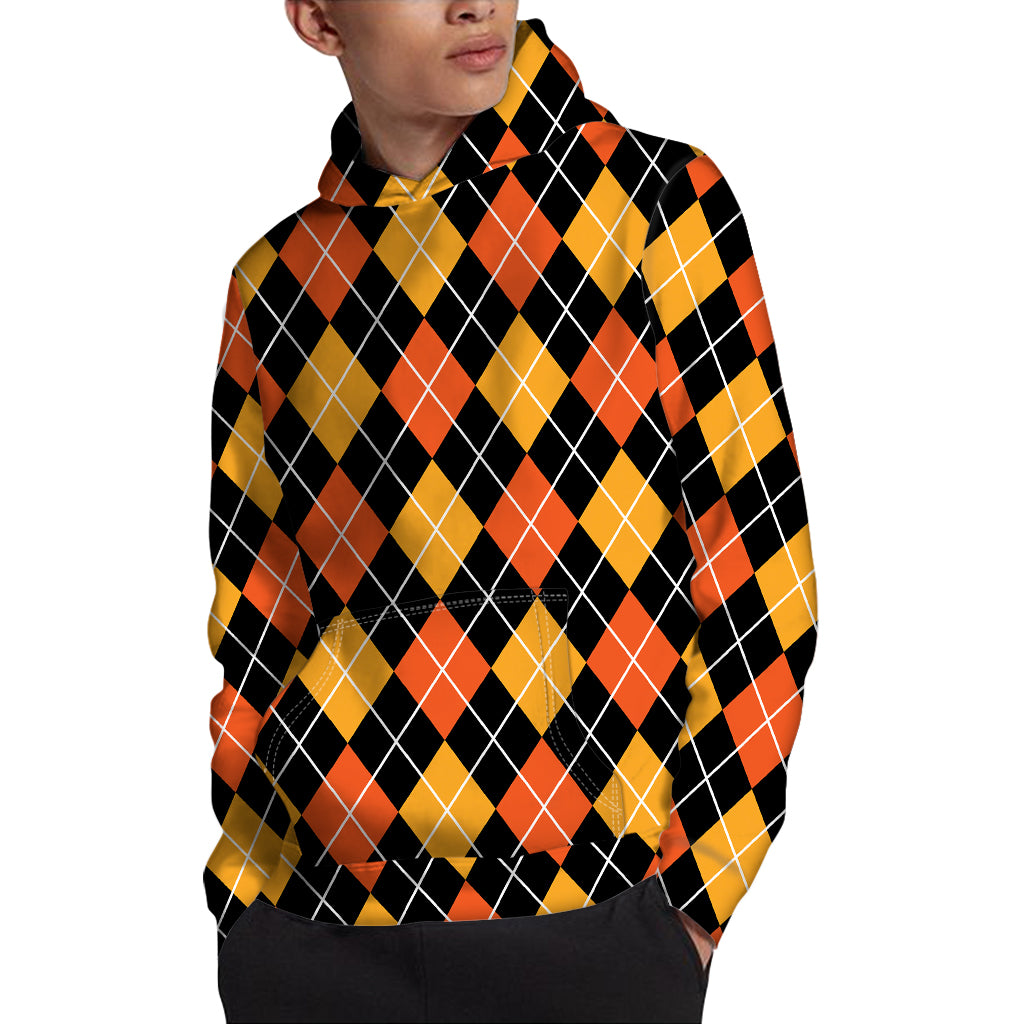 Halloween Black And Orange Argyle Print Pullover Hoodie