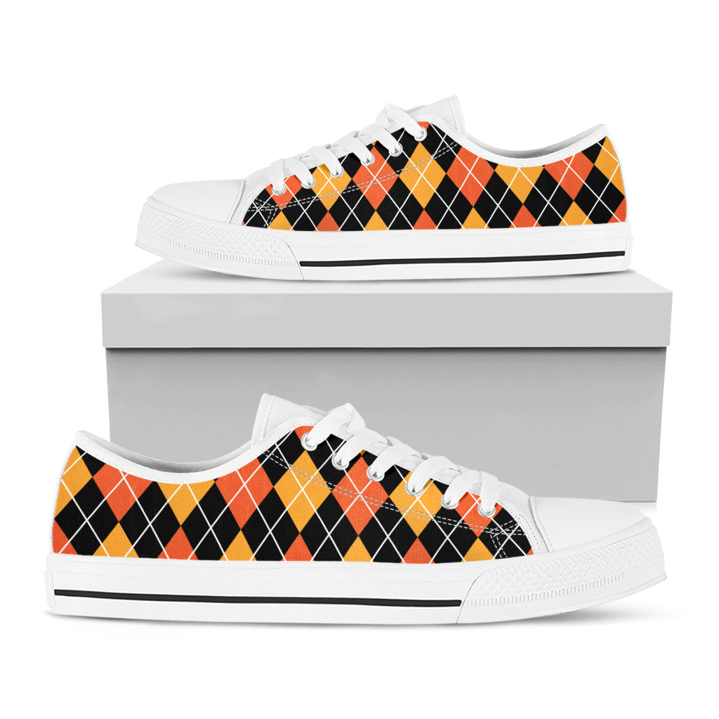 Halloween Black And Orange Argyle Print White Low Top Shoes