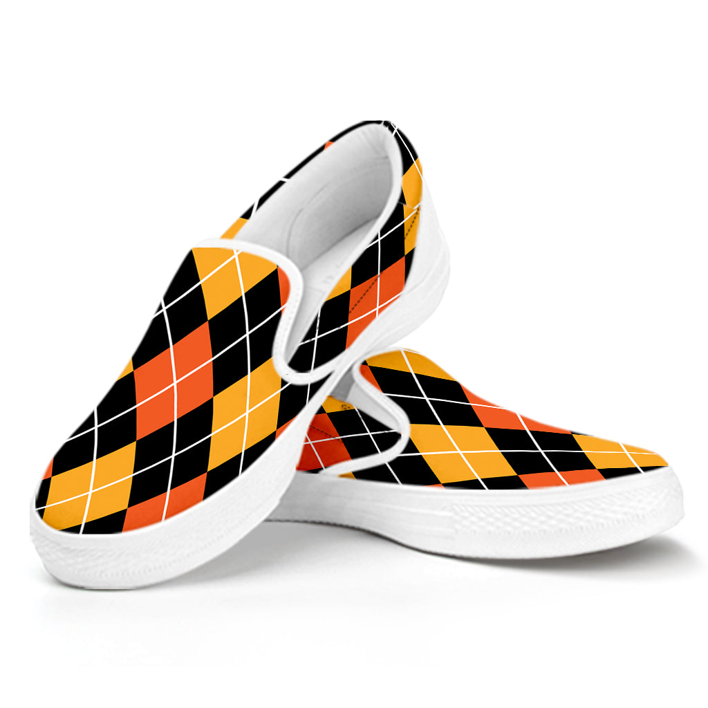 Halloween Black And Orange Argyle Print White Slip On Shoes