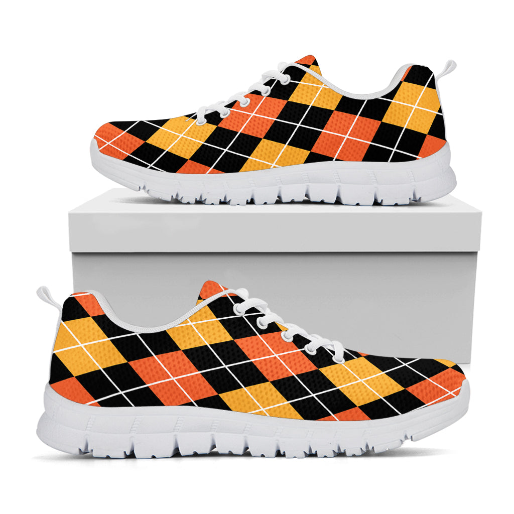 Halloween Black And Orange Argyle Print White Sneakers