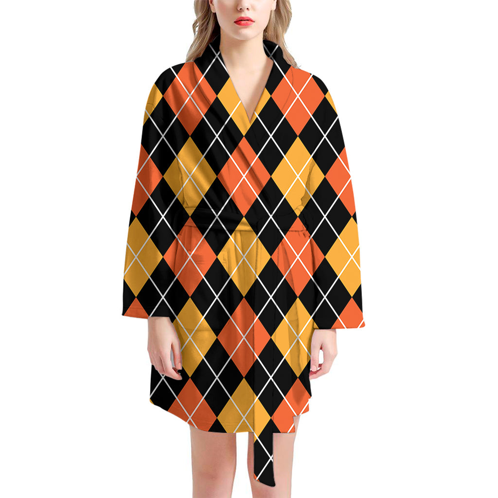 Halloween Black And Orange Argyle Print Women's Bathrobe