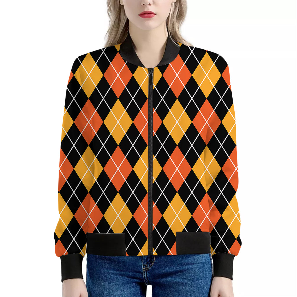 Halloween Black And Orange Argyle Print Women's Bomber Jacket