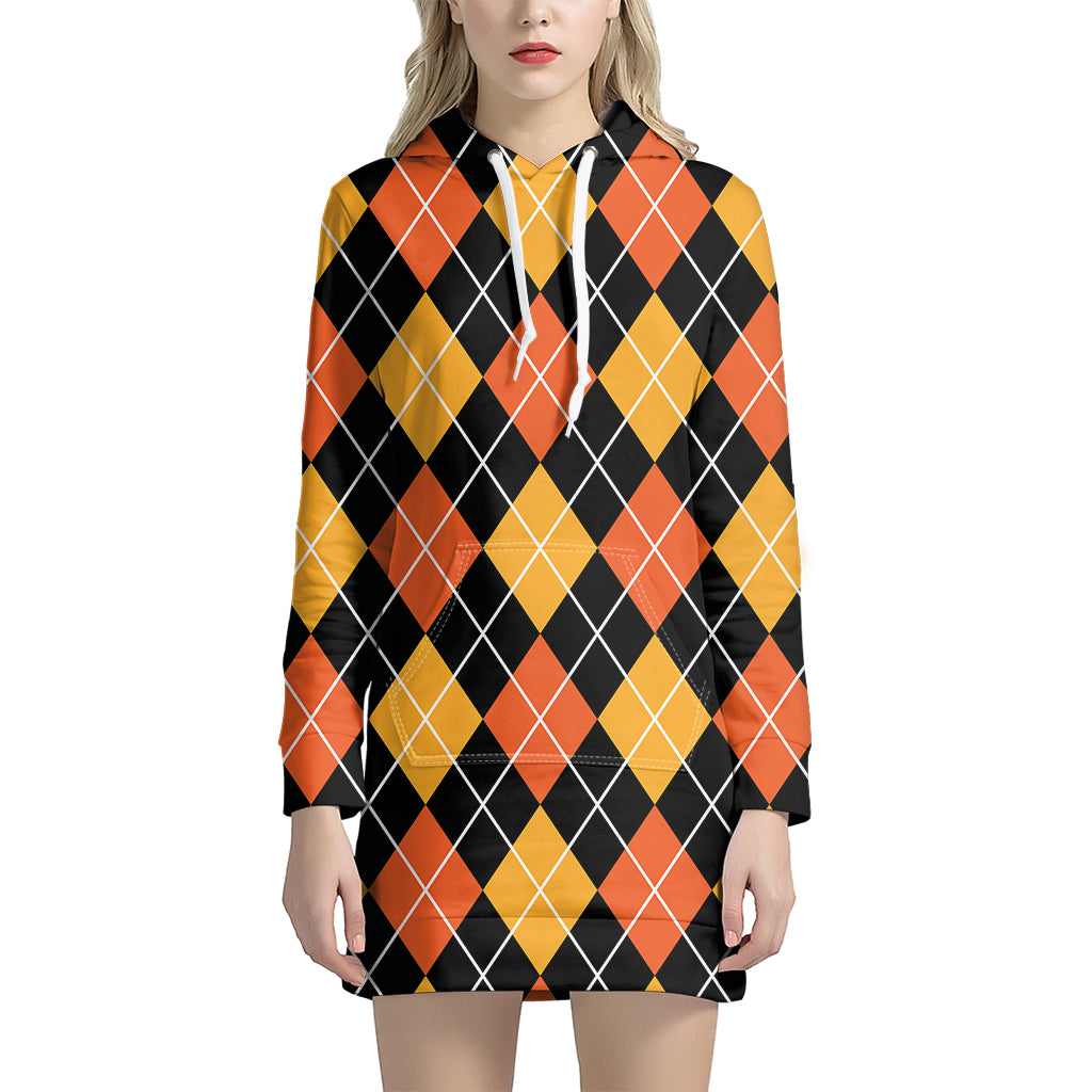 Halloween Black And Orange Argyle Print Women's Pullover Hoodie Dress