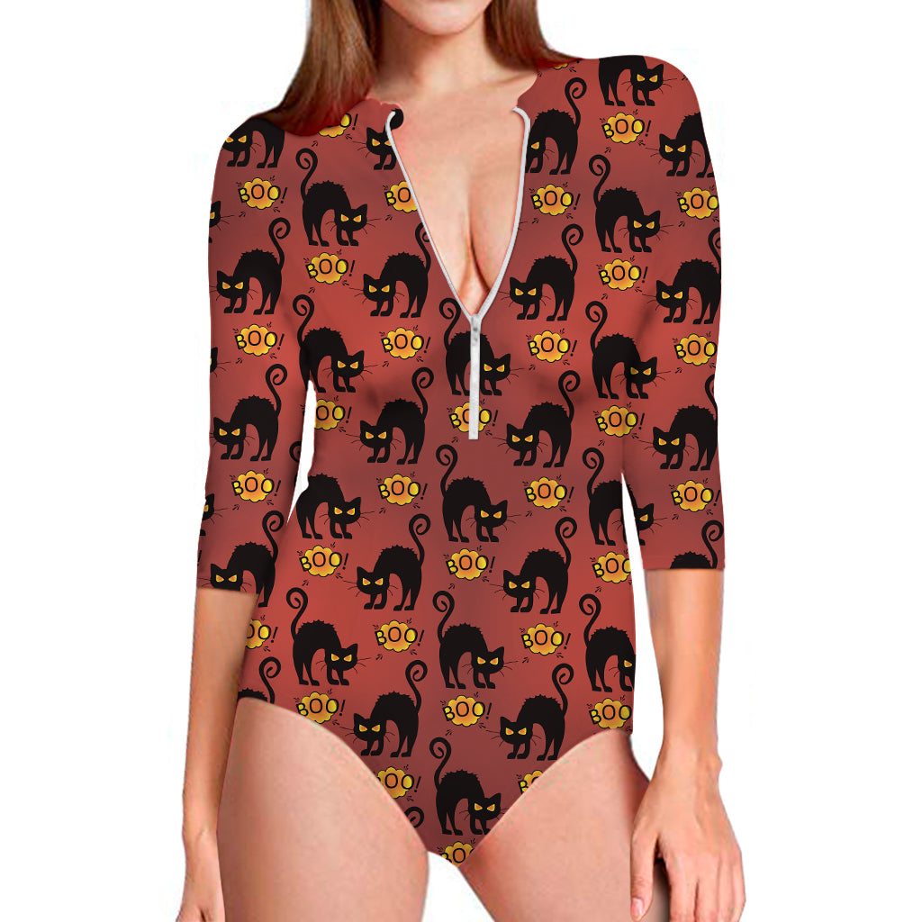 Halloween Black Cat Pattern Print Long Sleeve One Piece Swimsuit