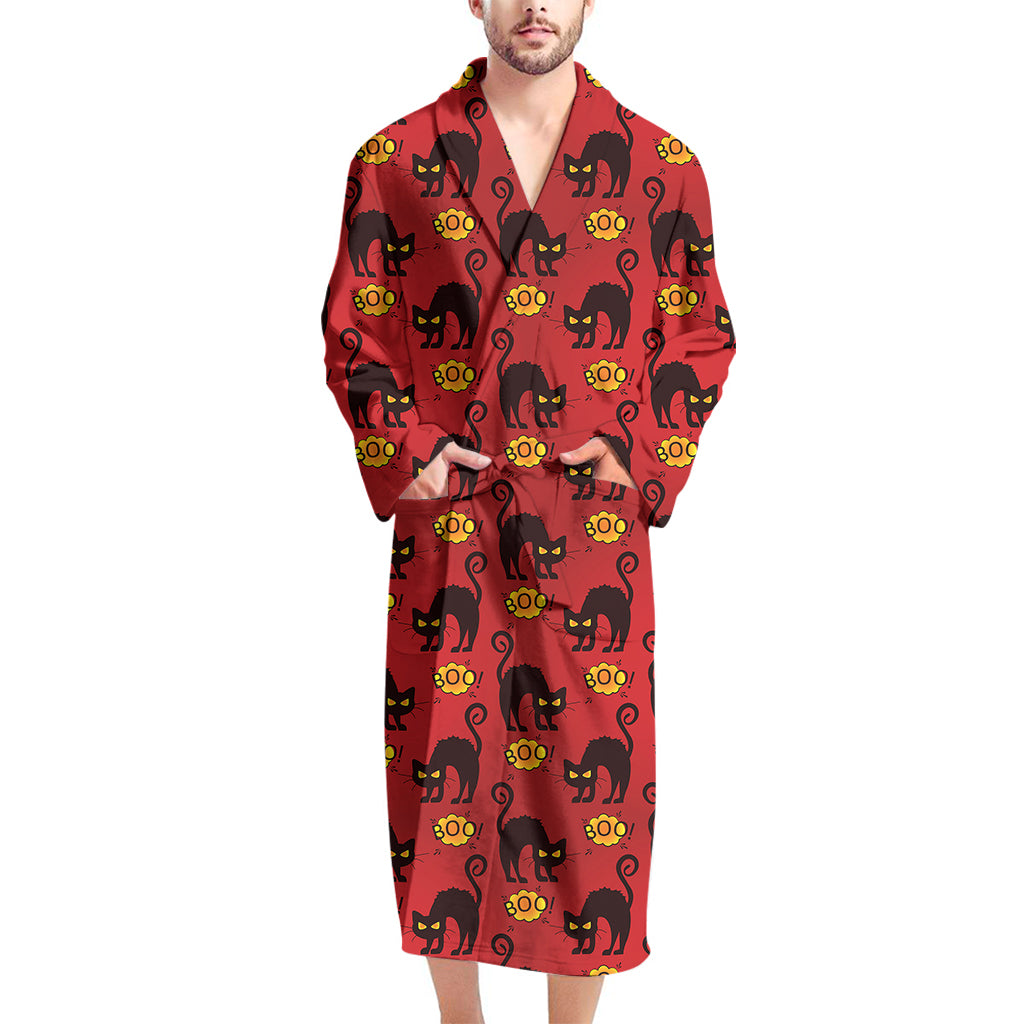 Halloween Black Cat Pattern Print Men's Bathrobe