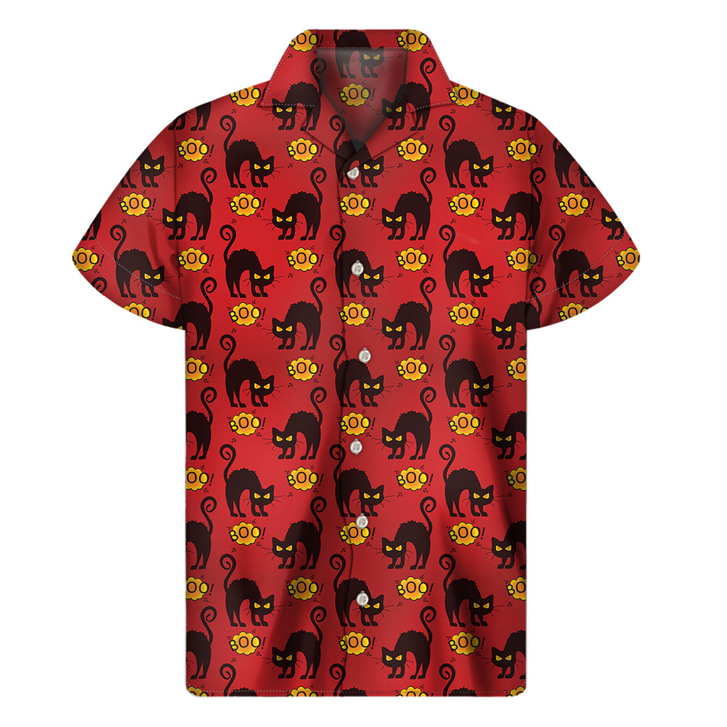 Halloween Black Cat Pattern Print Men's Short Sleeve Shirt