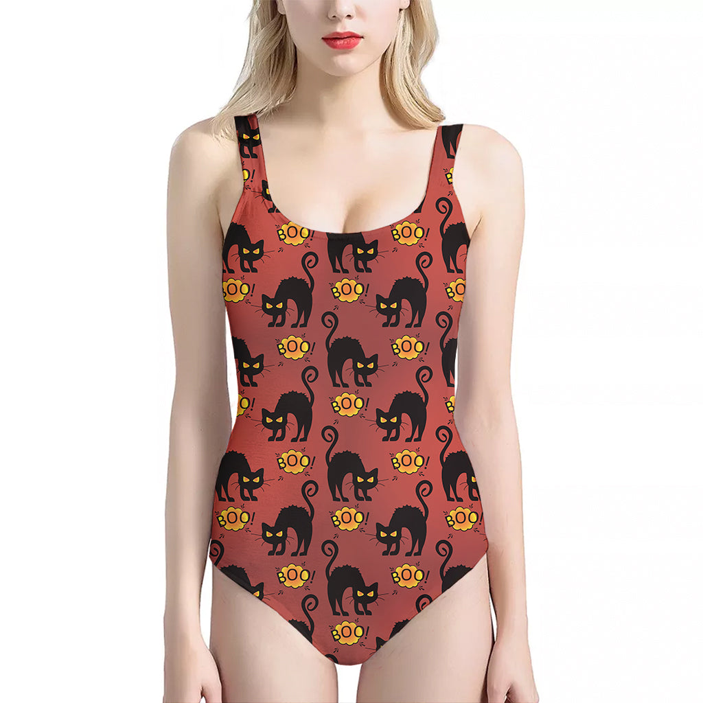 Halloween Black Cat Pattern Print One Piece Halter Neck Swimsuit