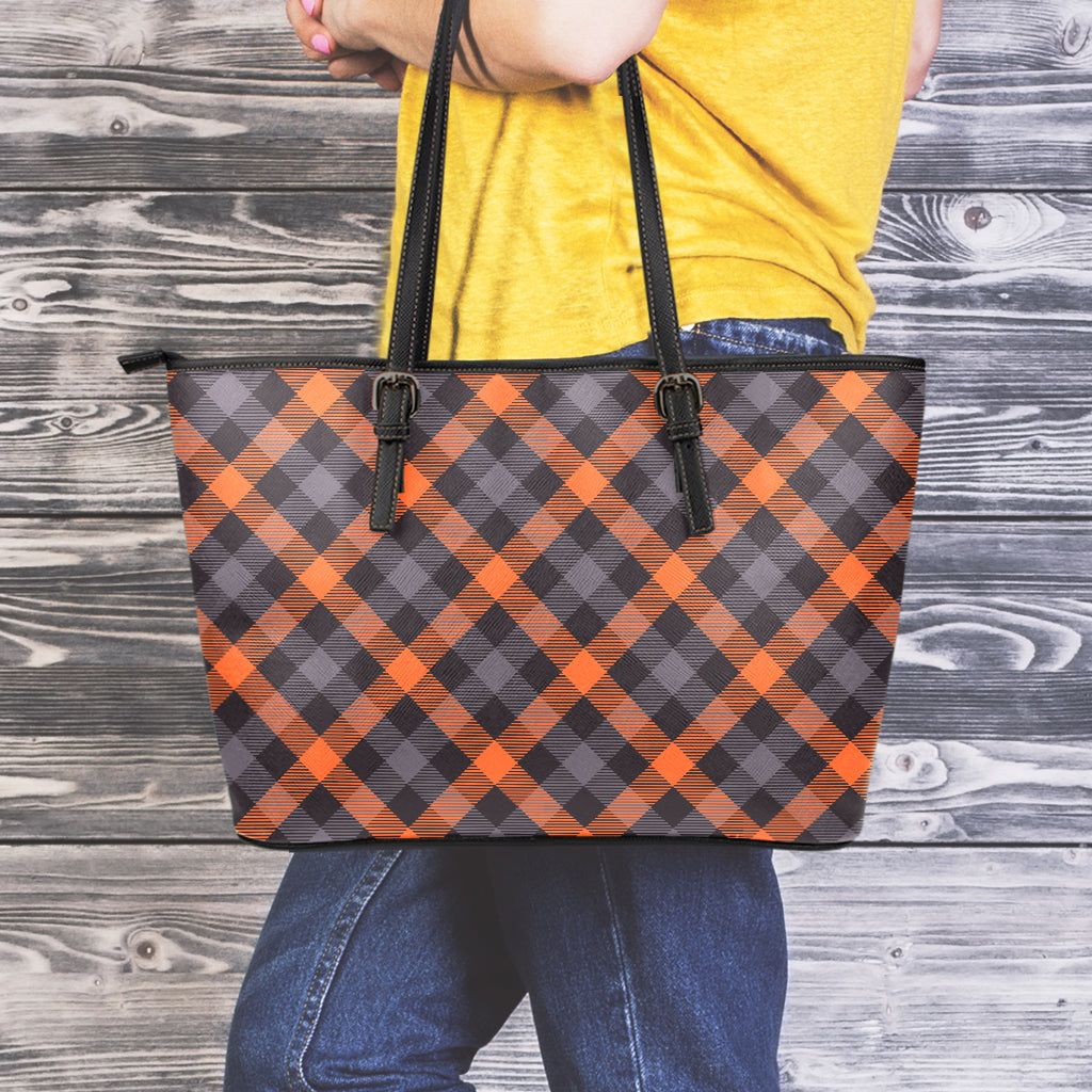 Halloween Buffalo Check Pattern Print Leather Tote Bag