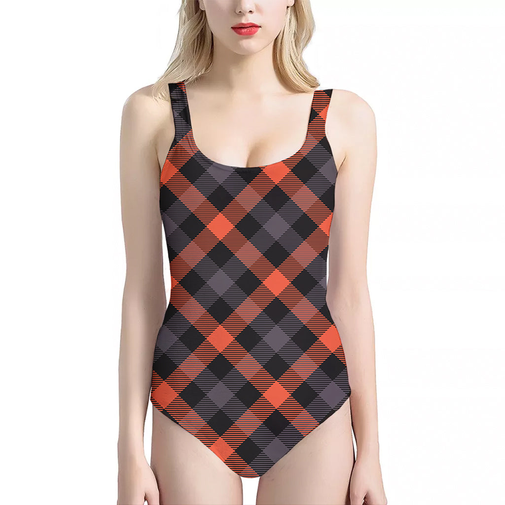 Halloween Buffalo Check Pattern Print One Piece Halter Neck Swimsuit