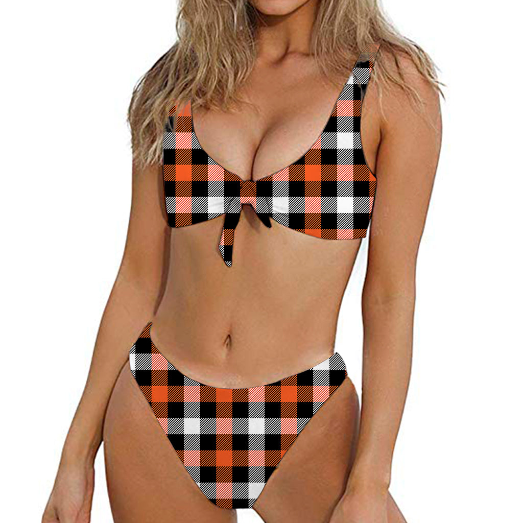 Halloween Buffalo Plaid Pattern Print Front Bow Tie Bikini