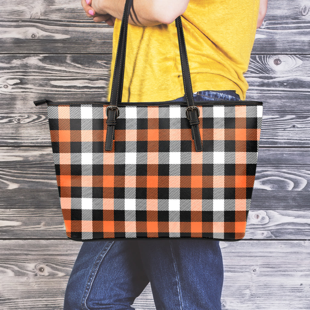 Halloween Buffalo Plaid Pattern Print Leather Tote Bag