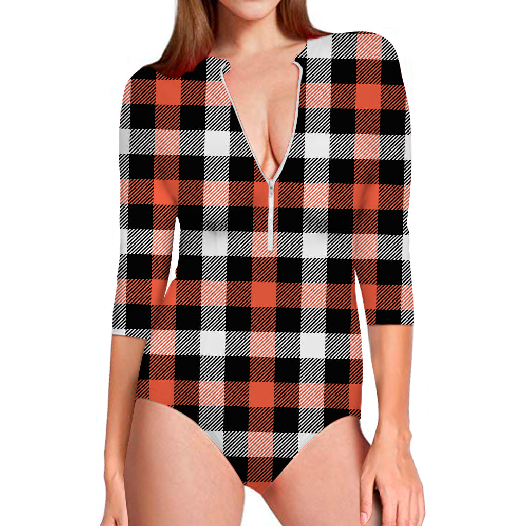 Halloween Buffalo Plaid Pattern Print Long Sleeve One Piece Swimsuit