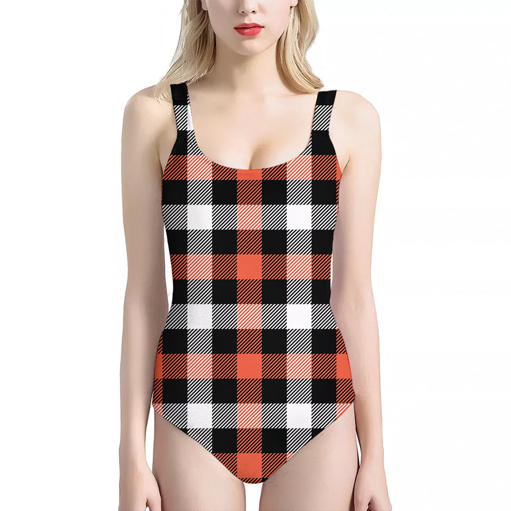 Halloween Buffalo Plaid Pattern Print One Piece Halter Neck Swimsuit