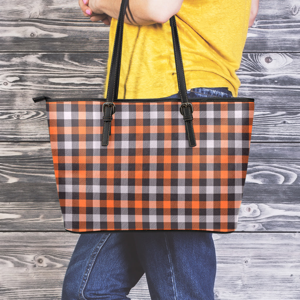 Halloween Buffalo Plaid Print Leather Tote Bag