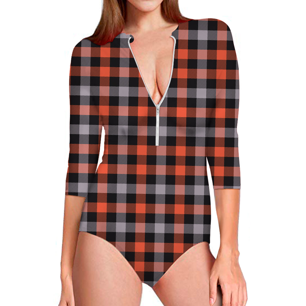 Halloween Buffalo Plaid Print Long Sleeve One Piece Swimsuit