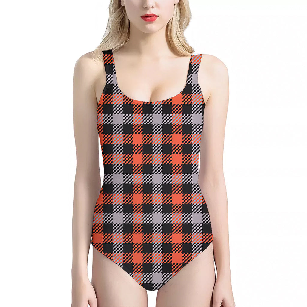 Halloween Buffalo Plaid Print One Piece Halter Neck Swimsuit