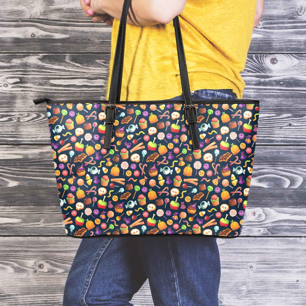 Halloween Candy Pattern Print Leather Tote Bag