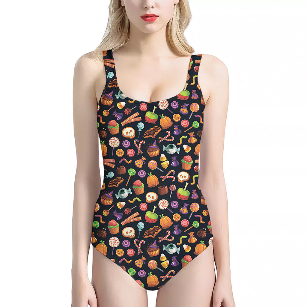 Halloween Candy Pattern Print One Piece Halter Neck Swimsuit