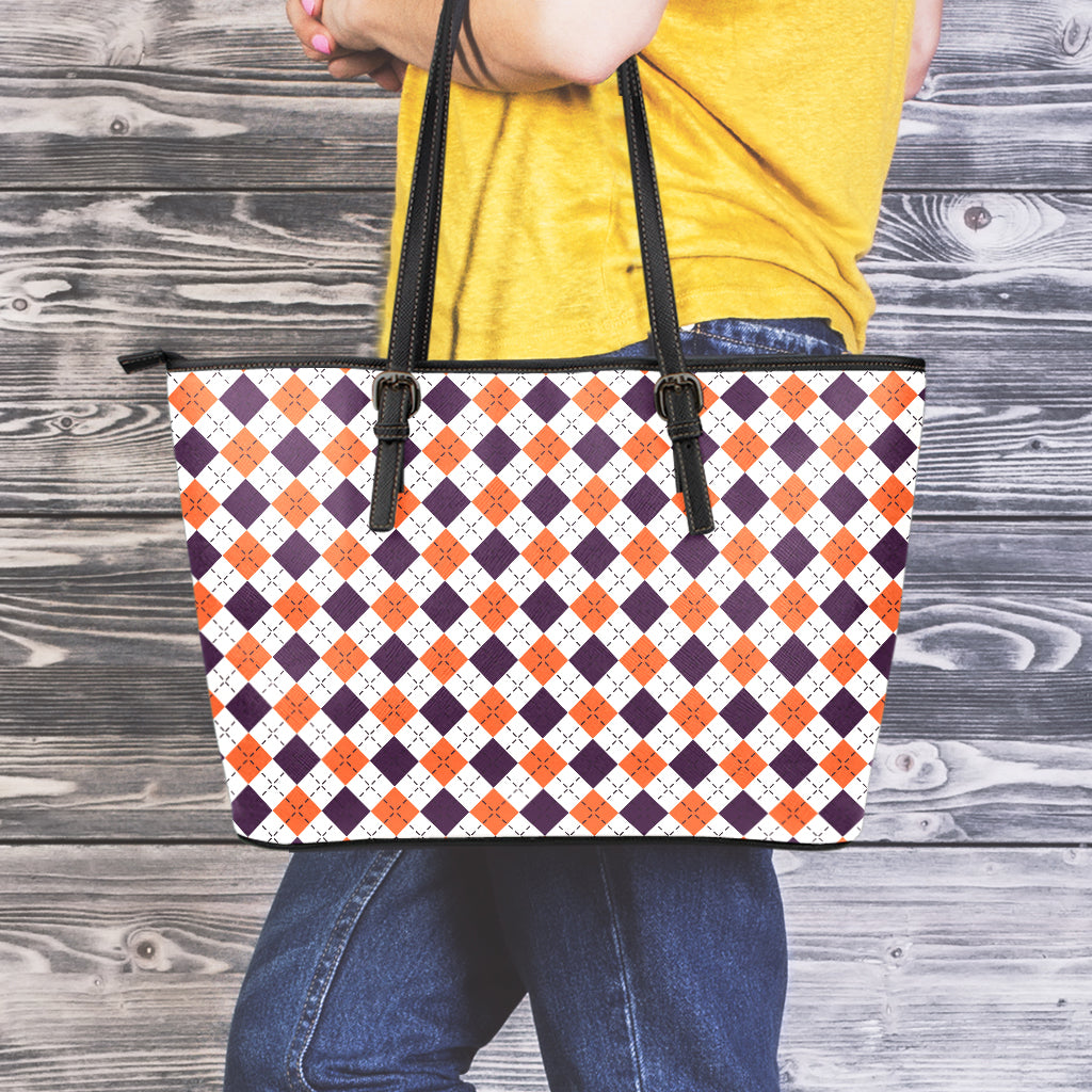 Halloween Checked Pattern Print Leather Tote Bag