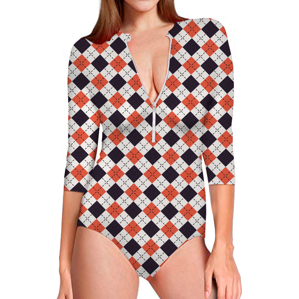 Halloween Checked Pattern Print Long Sleeve One Piece Swimsuit