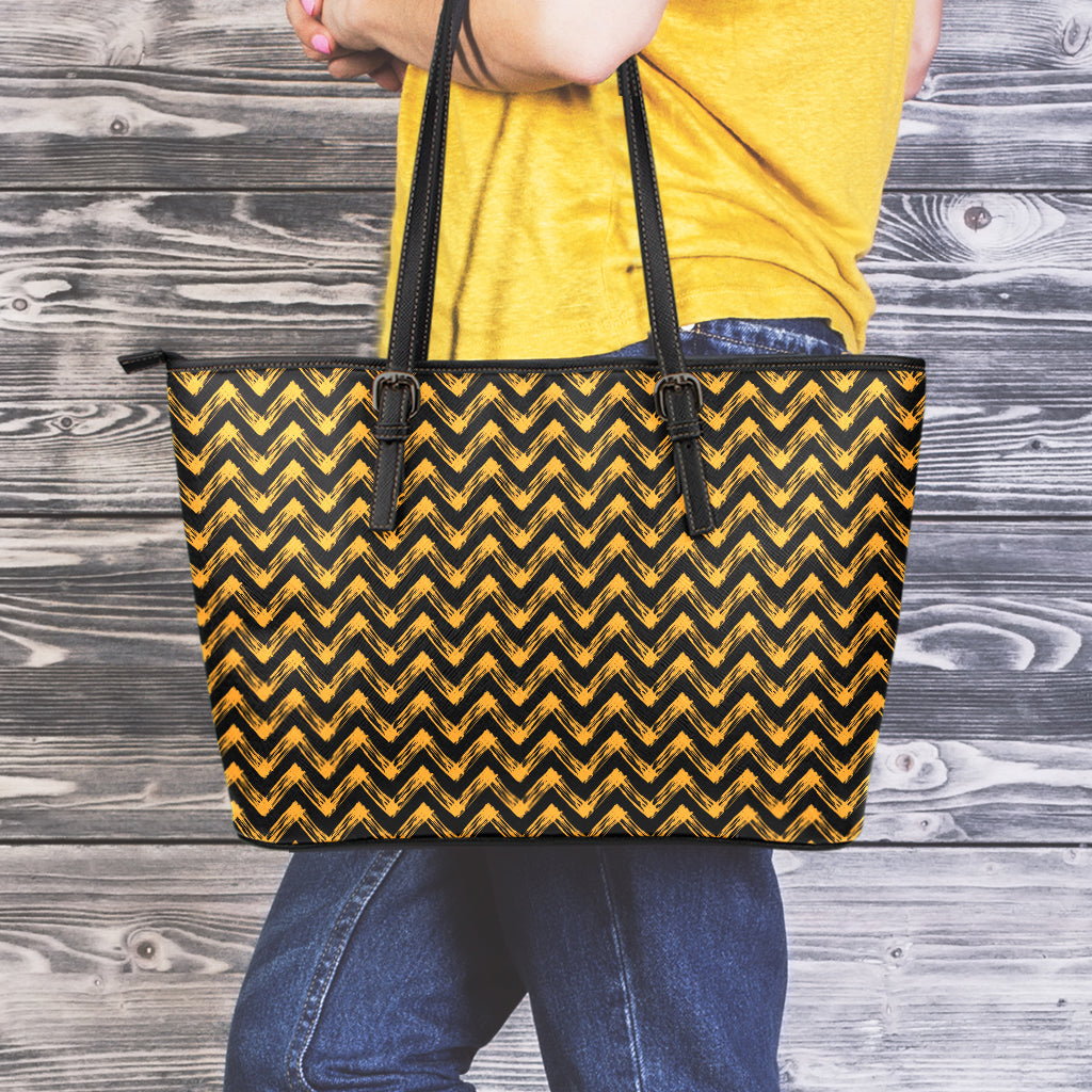 Halloween Chevron Pattern Print Leather Tote Bag