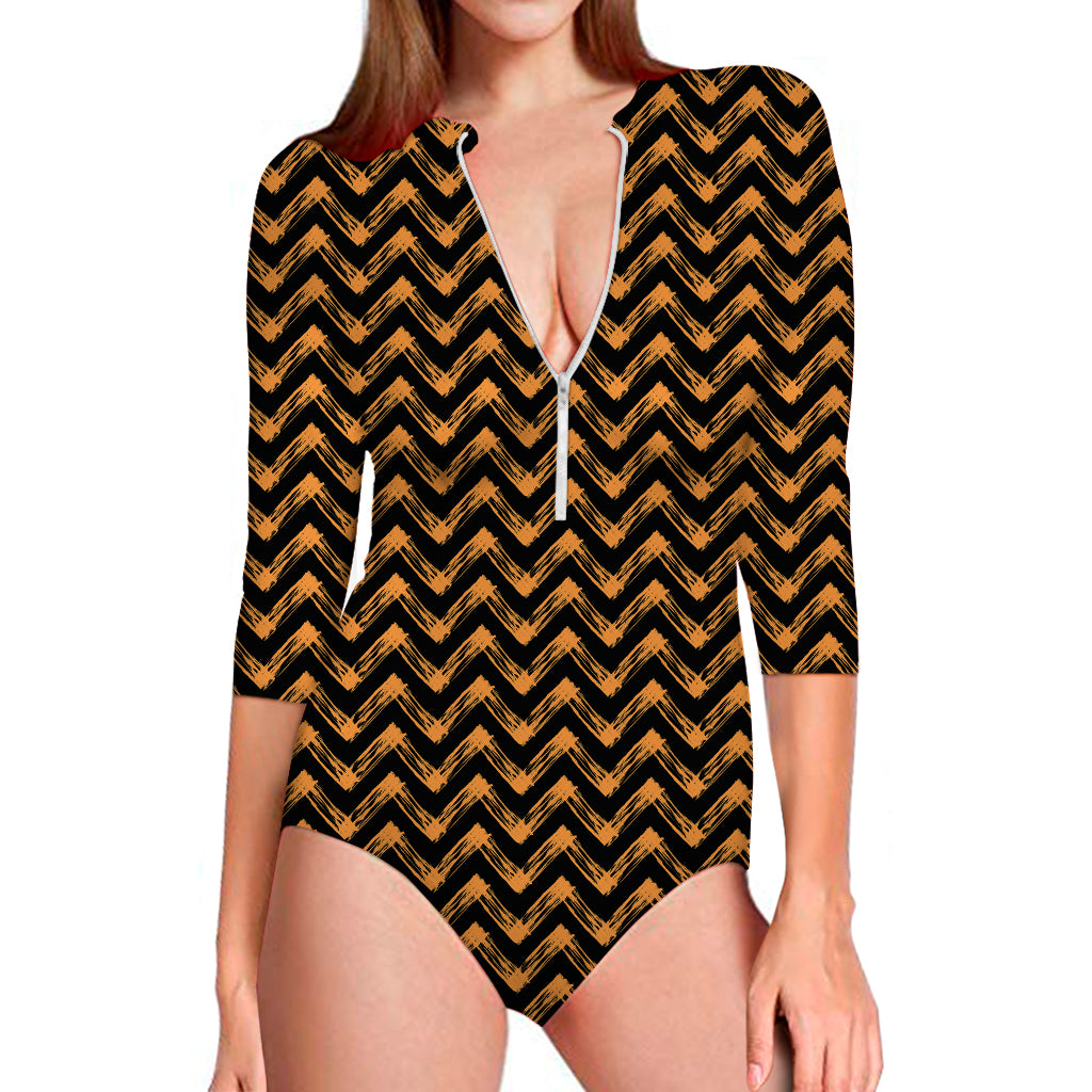 Halloween Chevron Pattern Print Long Sleeve One Piece Swimsuit