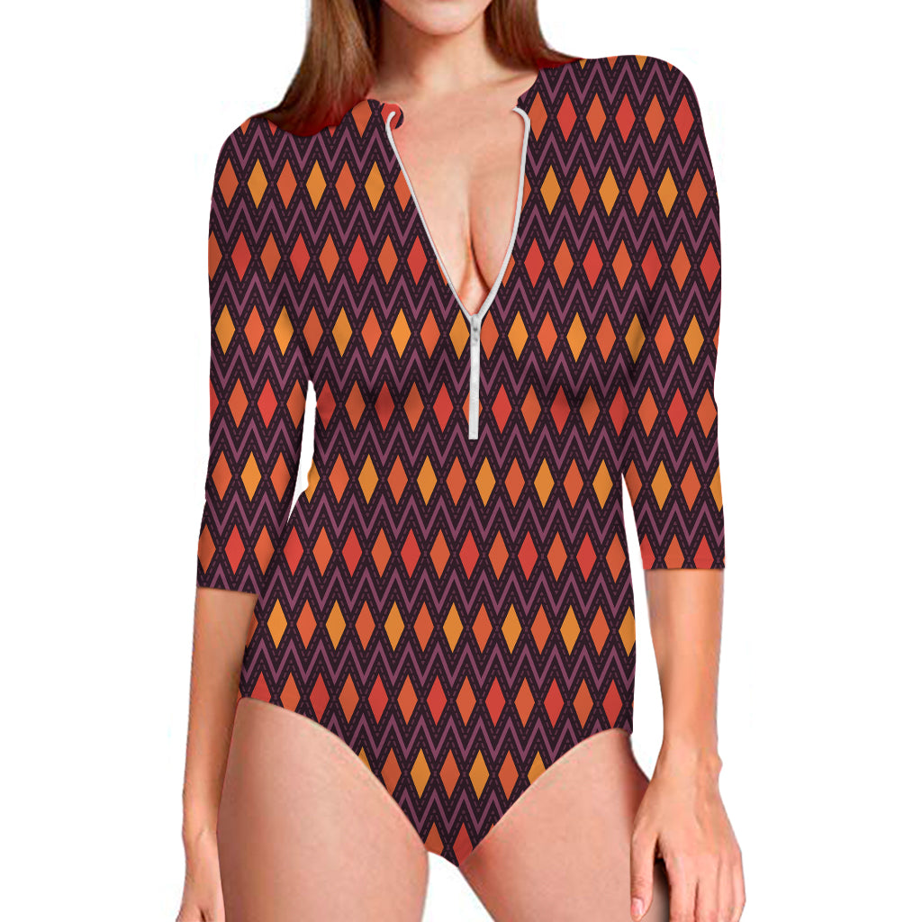 Halloween Diamond Shape Pattern Print Long Sleeve One Piece Swimsuit