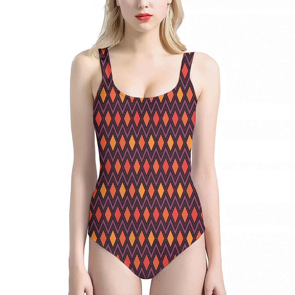 Halloween Diamond Shape Pattern Print One Piece Halter Neck Swimsuit