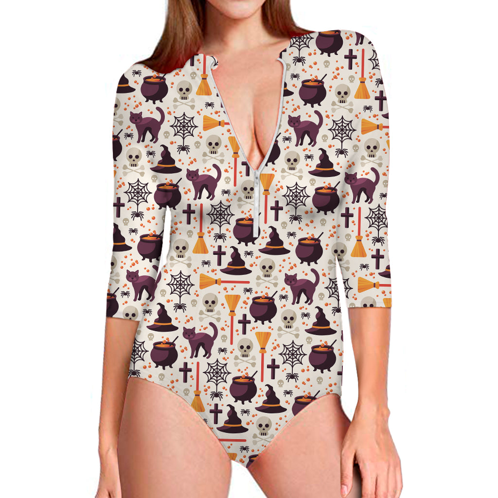 Halloween Festival Pattern Print Long Sleeve One Piece Swimsuit