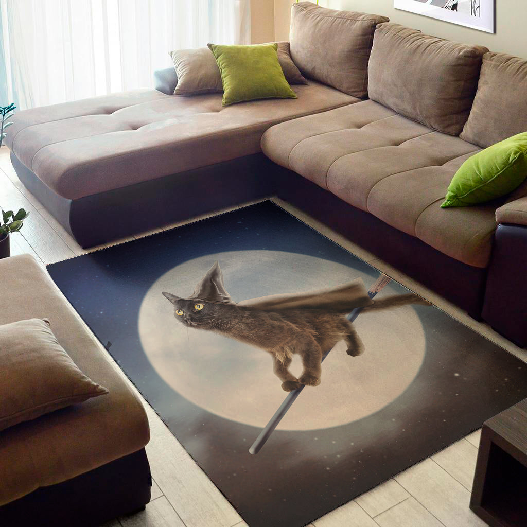 Halloween Flying Witch Cat Print Area Rug