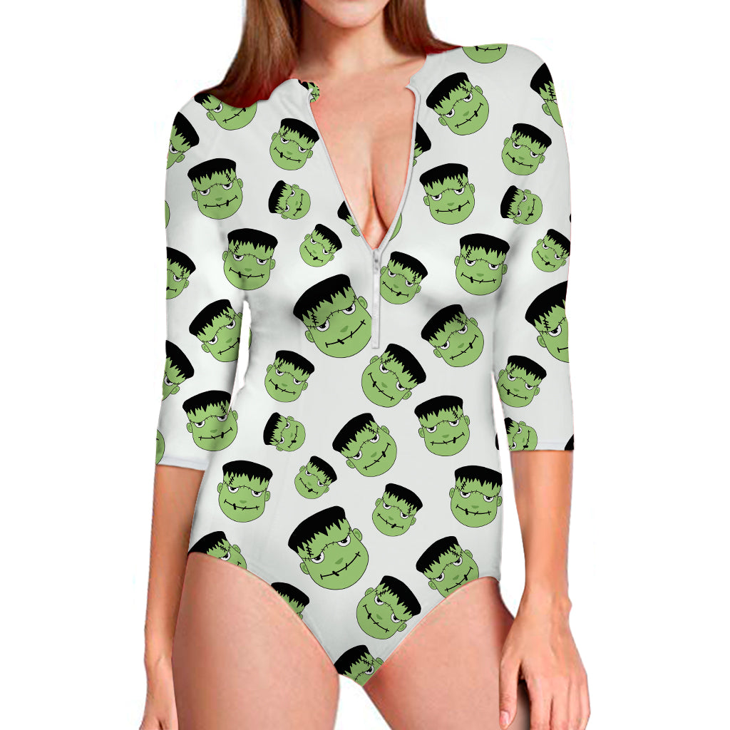 Halloween Frankenstein Pattern Print Long Sleeve One Piece Swimsuit