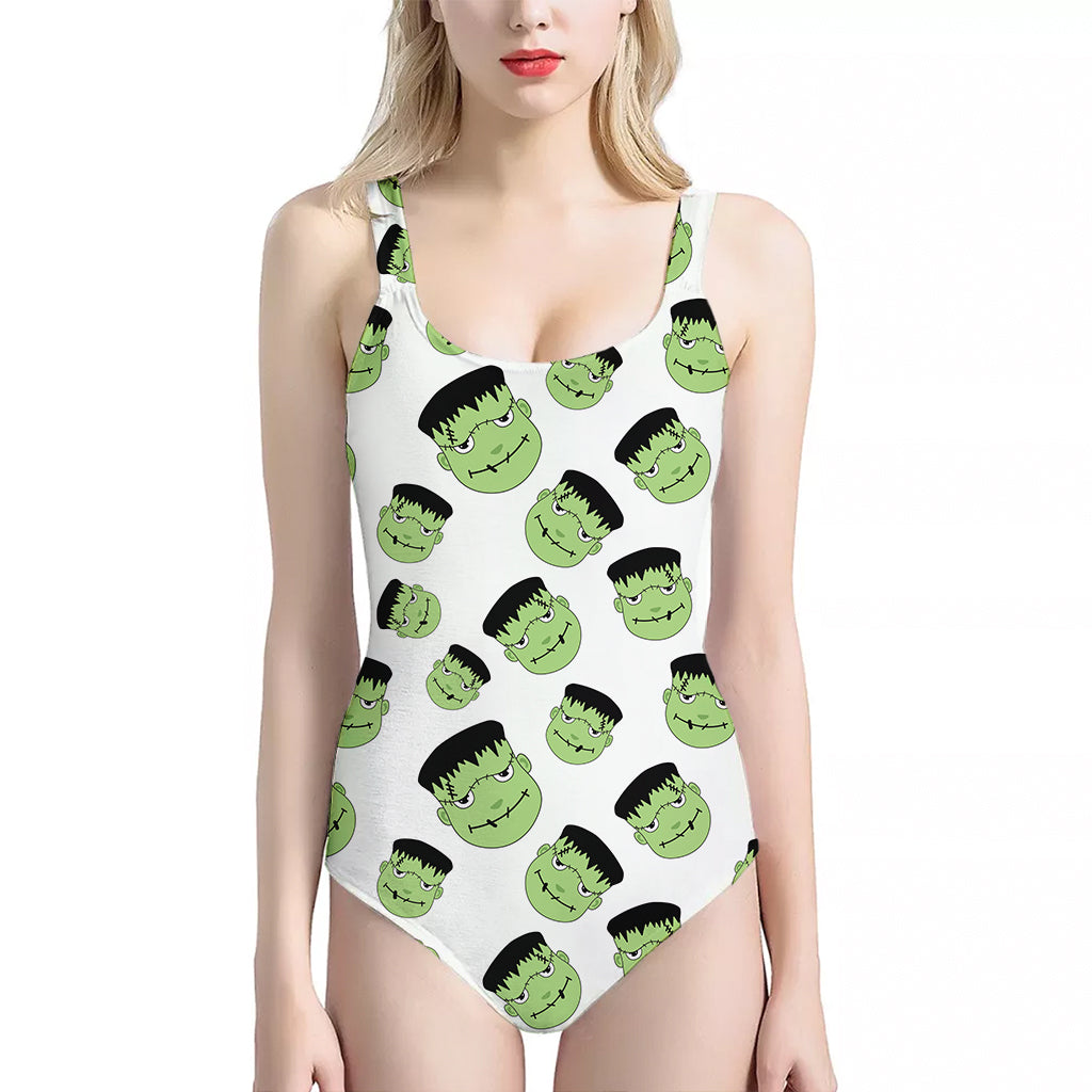 Halloween Frankenstein Pattern Print One Piece Halter Neck Swimsuit