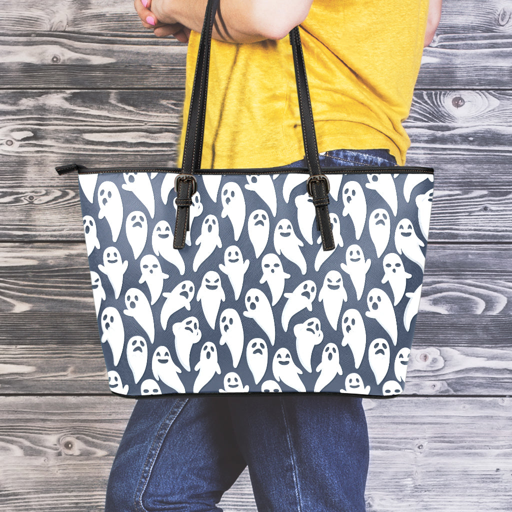 Halloween Ghost Pattern Print Leather Tote Bag