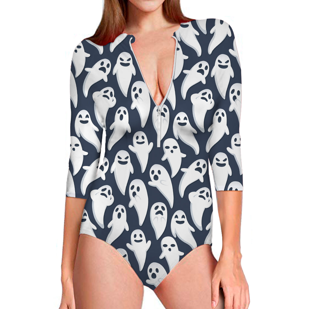 Halloween Ghost Pattern Print Long Sleeve One Piece Swimsuit